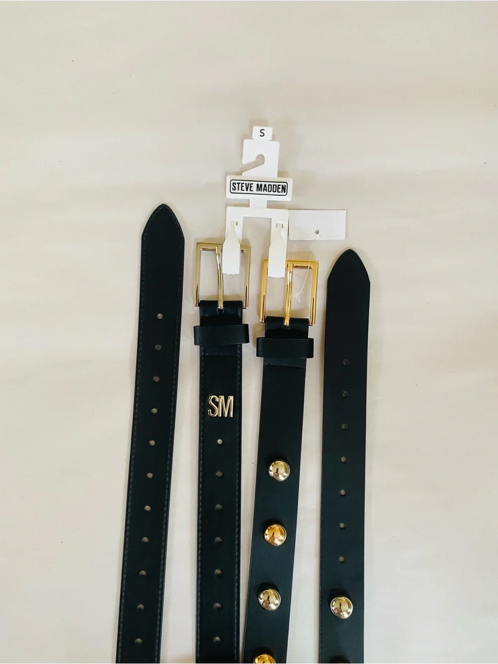 Steve Madden 2 Pack Black Belts with Gold and Silver Buckles & Studs